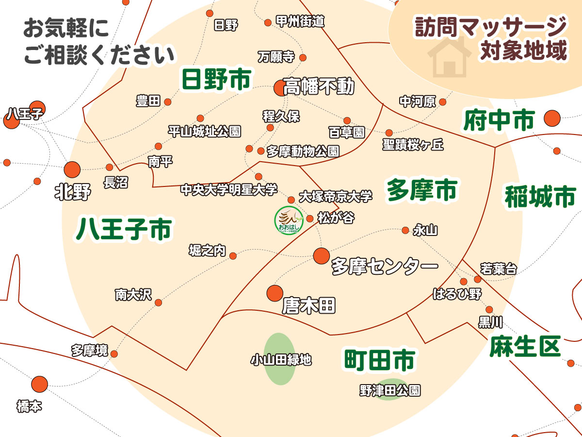 八王子市・多摩市・日野市など訪問マッサージの対応エリア